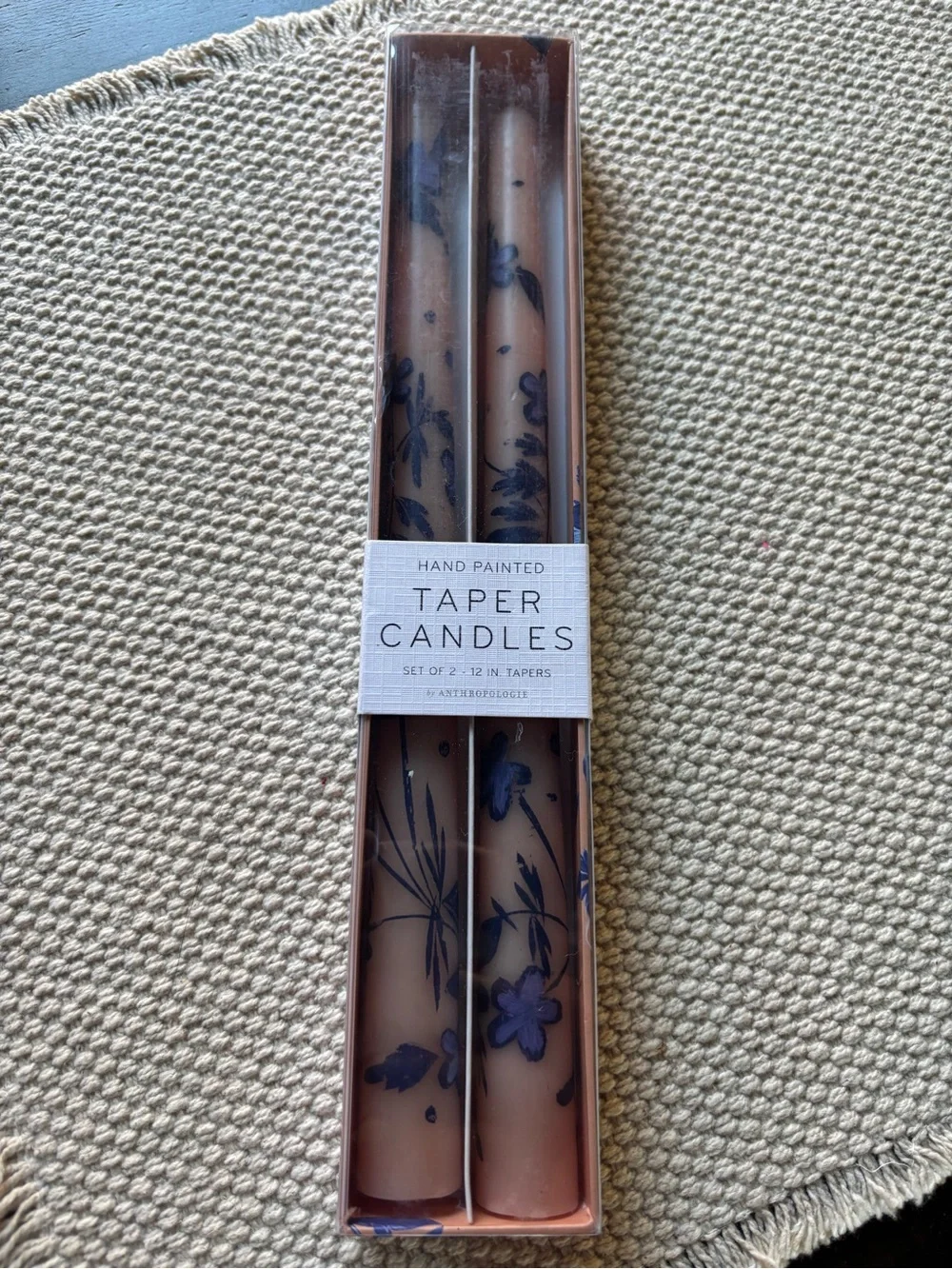 Anthropologie Pink Taper Candles with Blue Floral Motif - Set of 2 - 12”